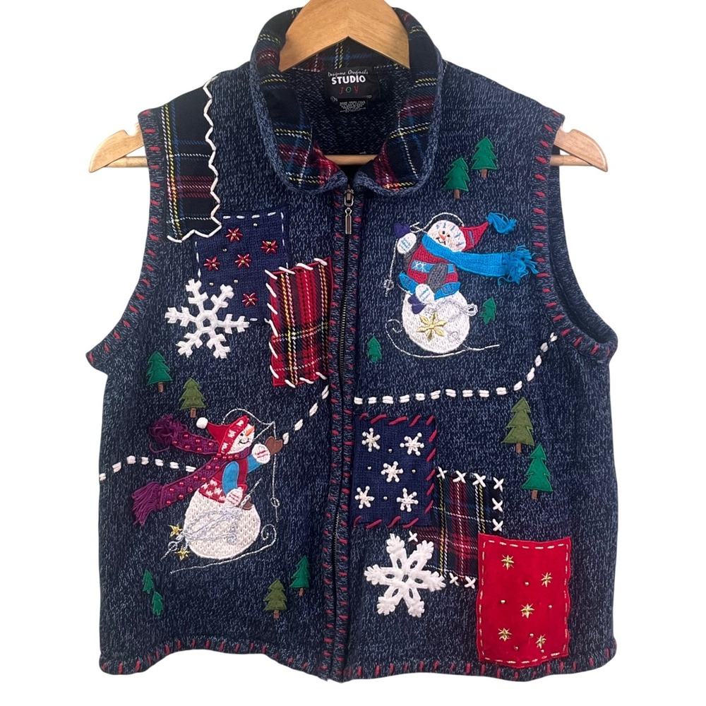 VTG Studio Joy Blue Patchwork Embroidered Snowmen Ugly Christmas Sweater Vest PL